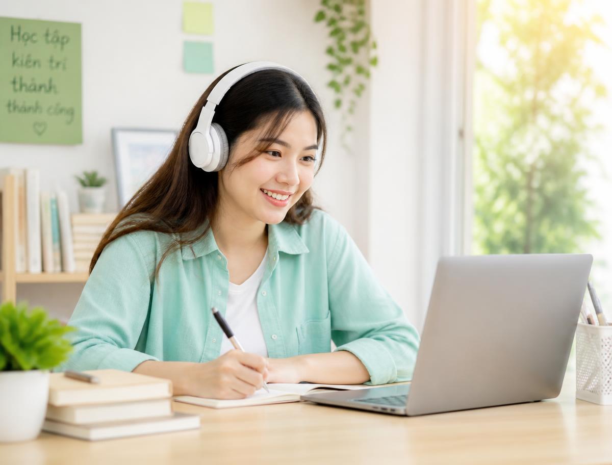 Học viên Kaizen học ngoại ngữ trực tuyến bằng máy tính tại nhà